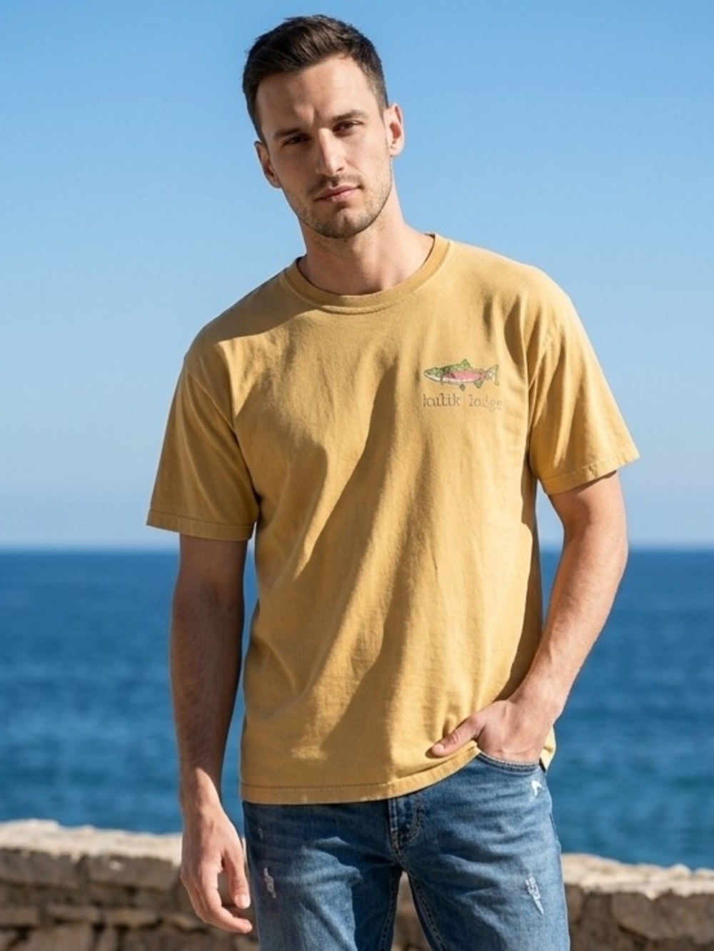Gildan Men's Short Sleeve Tee in Mustard Yellow with Small Chest Graphic